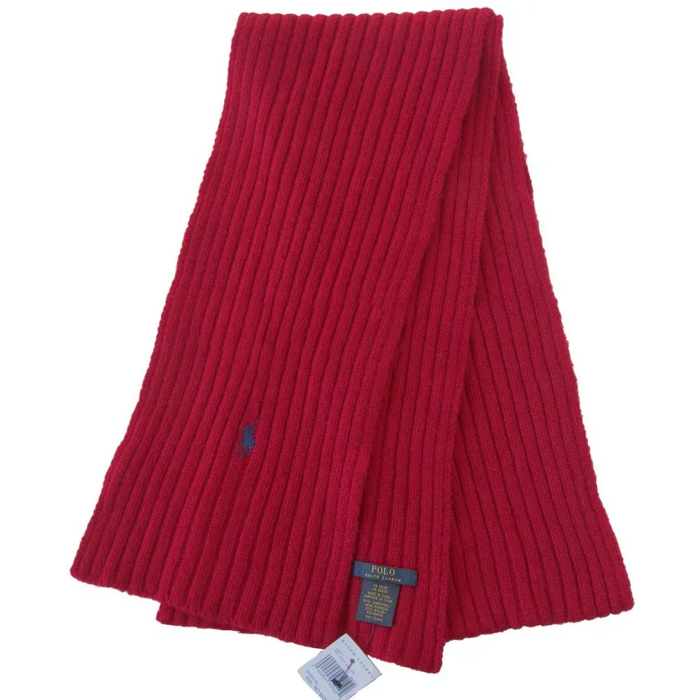 NEW Polo Ralph Lauren Ribbed Scarf! Red With Navy Signature Polo Player Wool